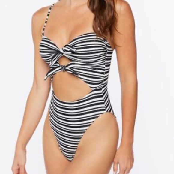 Forever 21 Striped Tie Front Detail One Piece Swimsuit - Picture 3 of 5